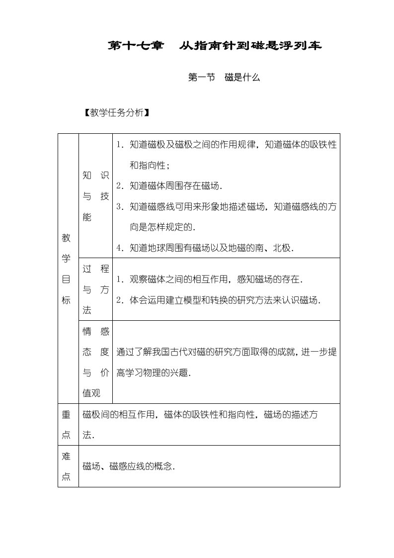 沪科版物理九年级第十七章第一节磁是什么教案