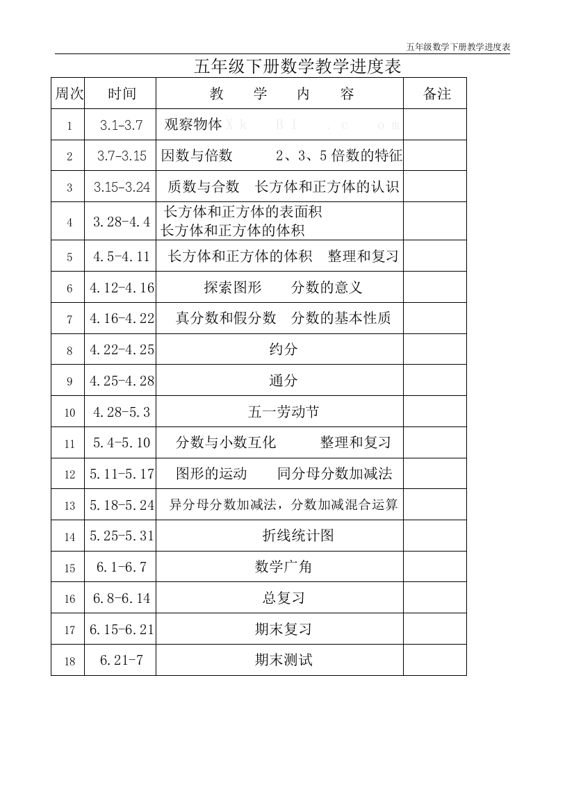 (完整)新版人教版五年级下册数学教学进度表