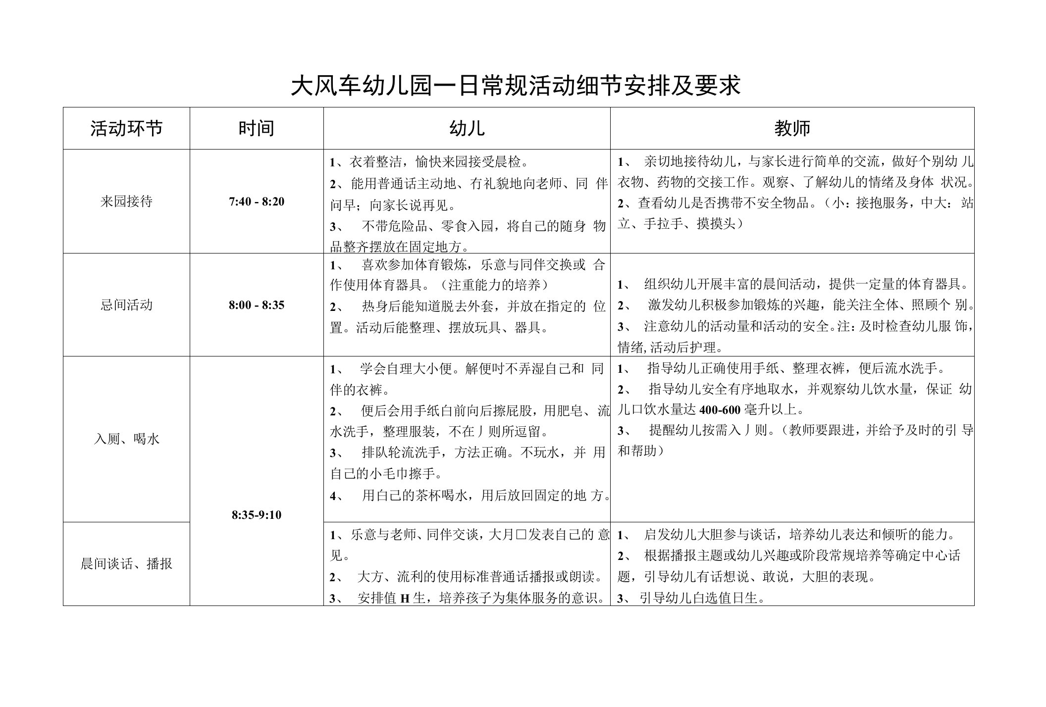 大风车幼儿园一日常规活动细节安排及要求2