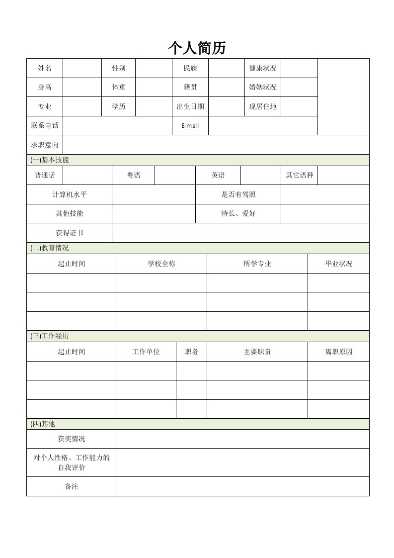 实习生空白求职简历模板通用