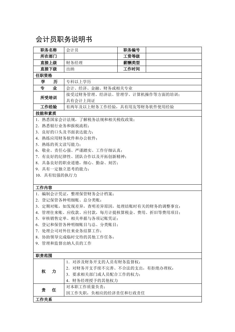 某酒店用品公司会计职务说明书