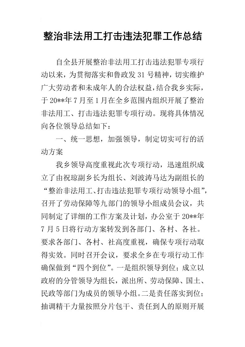 整治非法用工打击违法犯罪的工作总结