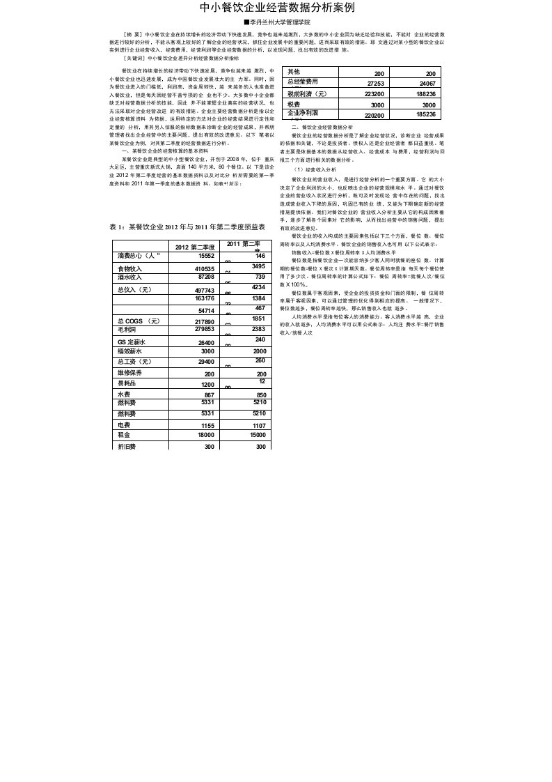 中小餐饮企业经营数据分析案例