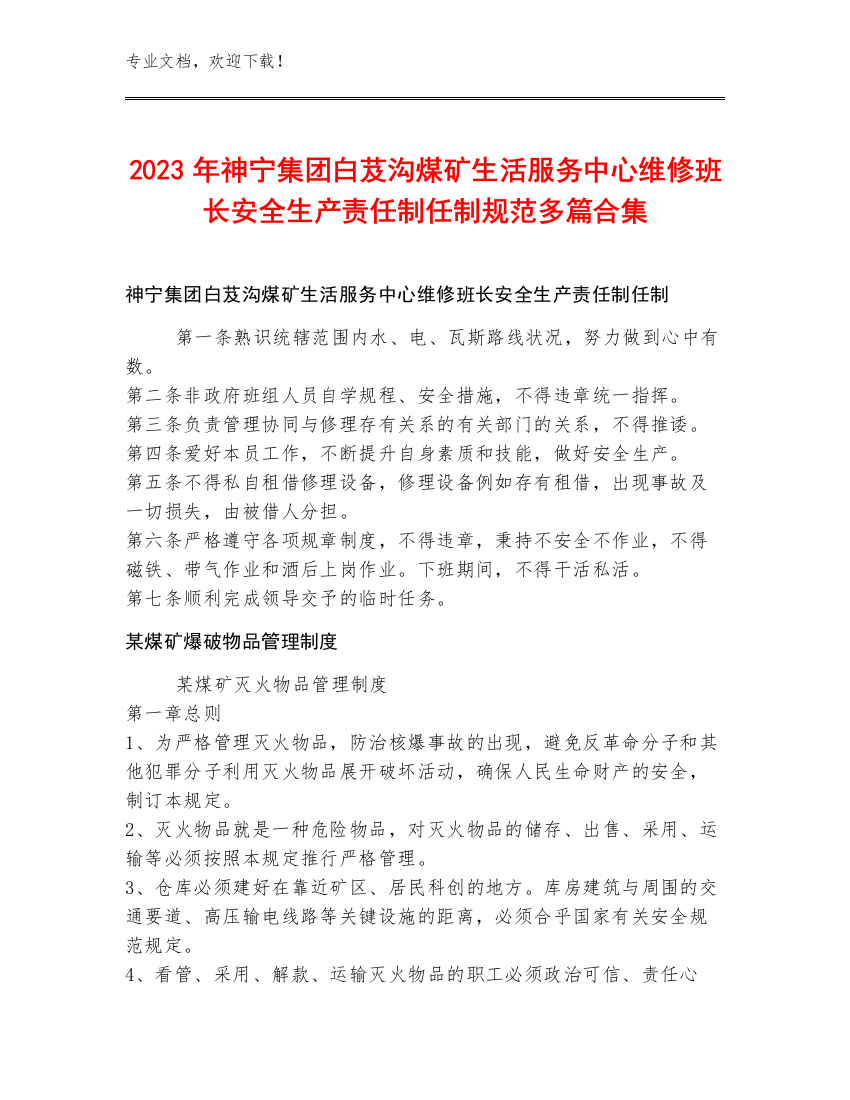 2023年神宁集团白芨沟煤矿生活服务中心维修班长安全生产责任制任制规范多篇合集