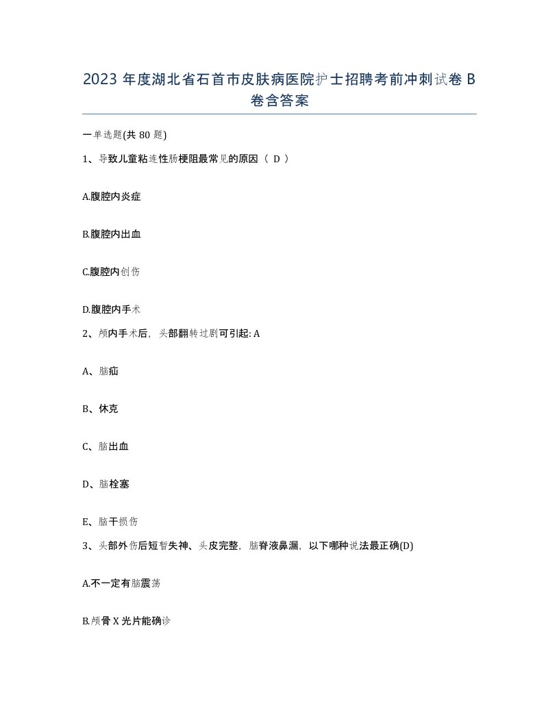 2023年度湖北省石首市皮肤病医院护士招聘考前冲刺试卷B卷含答案