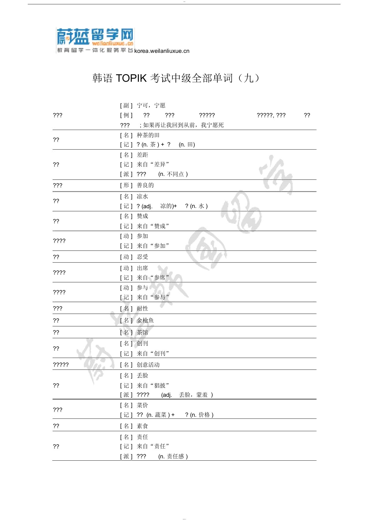 韩语topik考试中级全部单词(九)