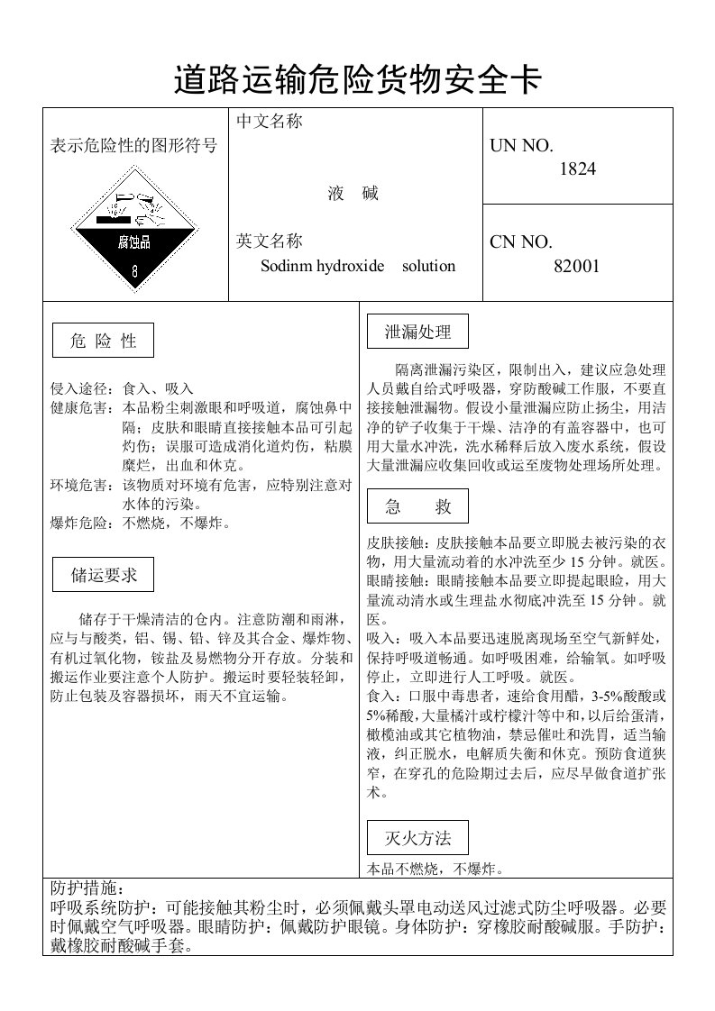 道路运输危险货物安全卡(新版)