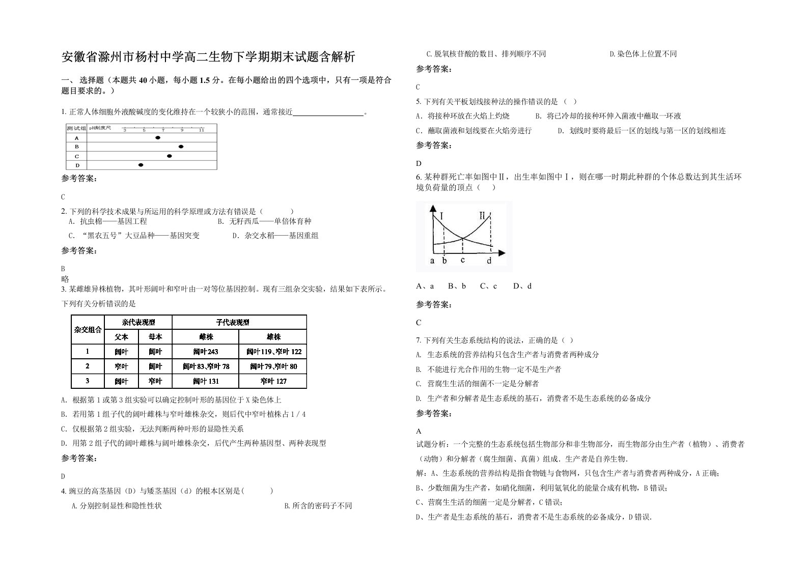 安徽省滁州市杨村中学高二生物下学期期末试题含解析