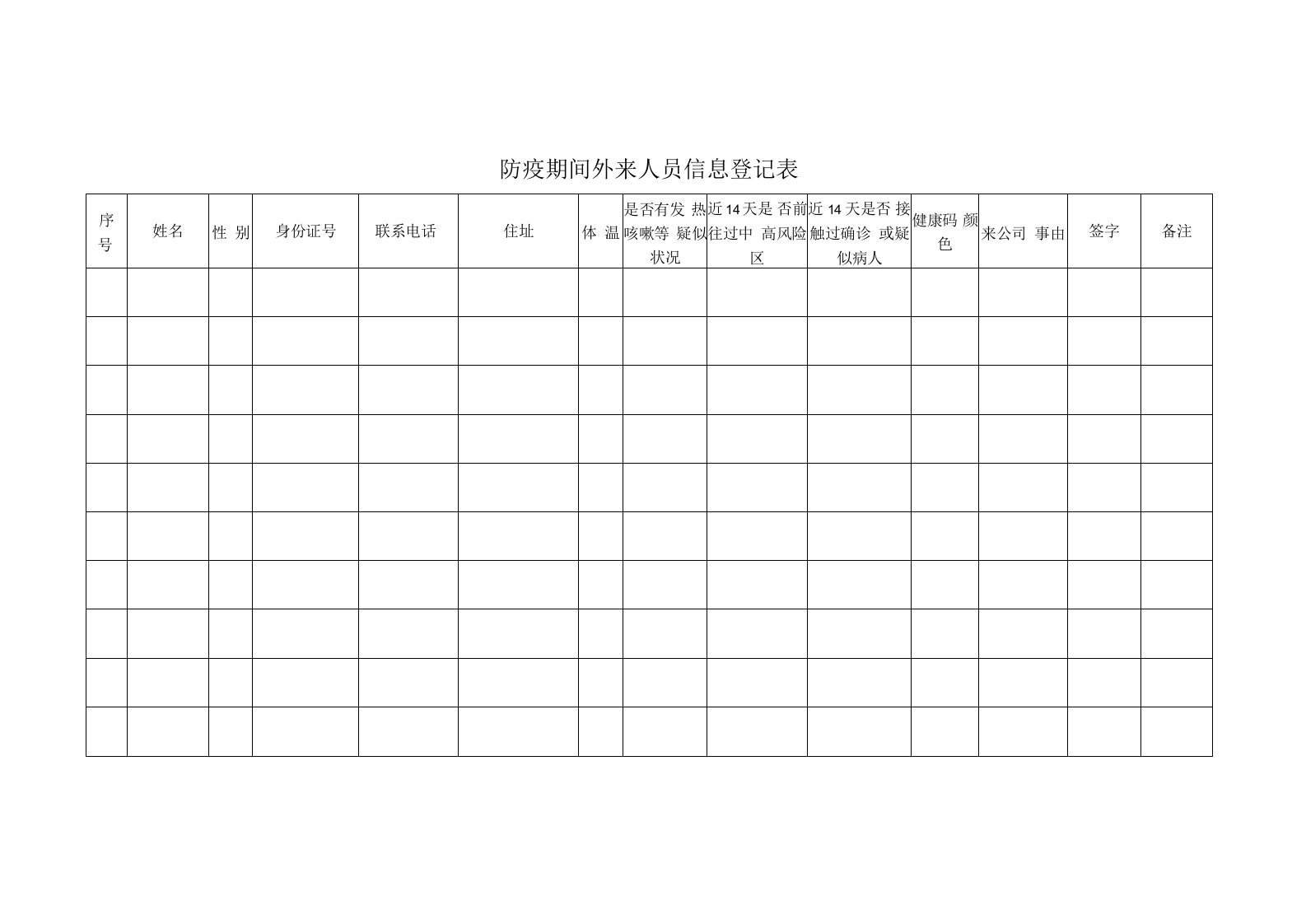 防疫期间外来人员信息登记表