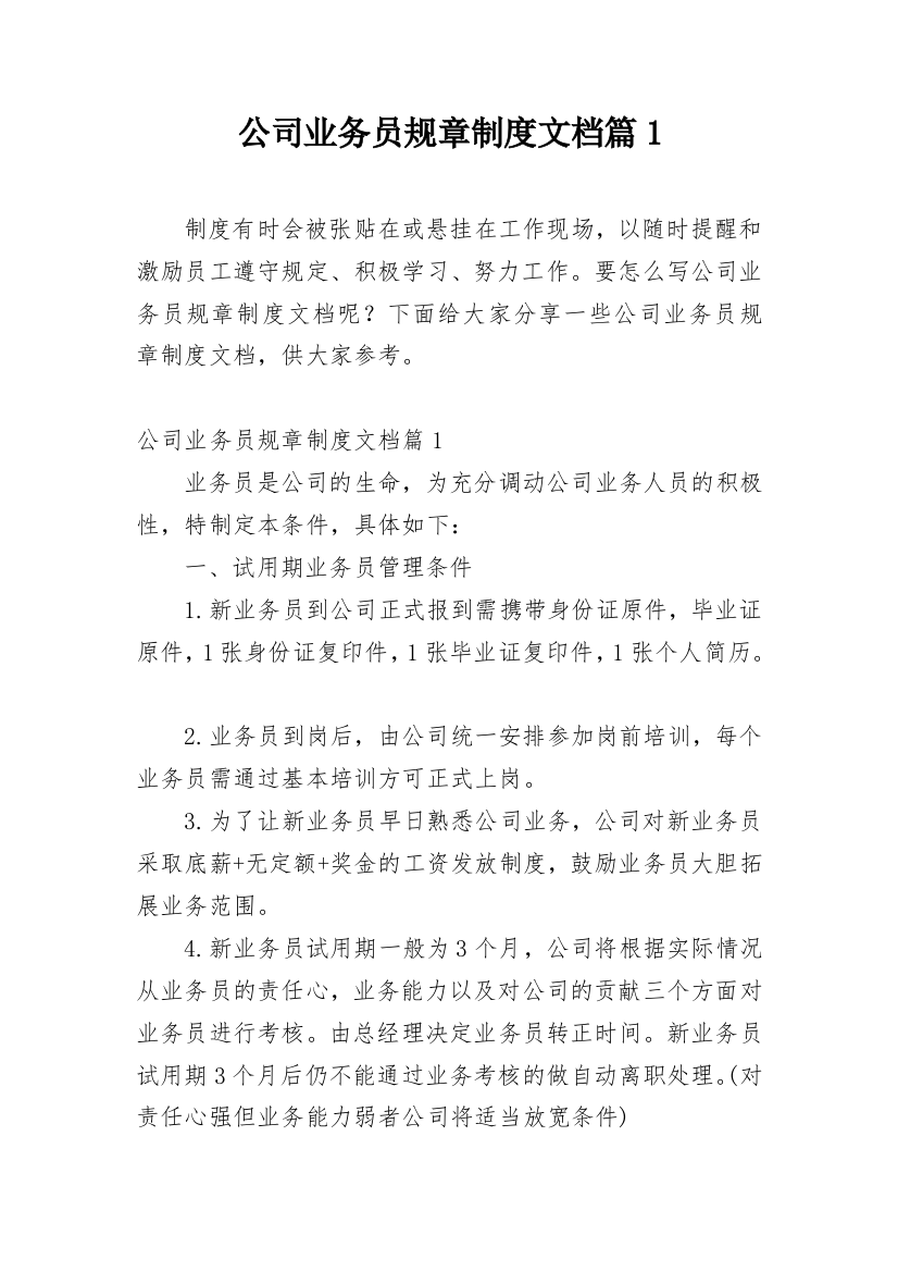 公司业务员规章制度文档篇1