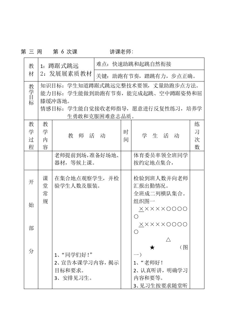 2021年最新初中体育与健康九年级下册蹲踞式跳远发展身体素质练习课时表格式教案设计