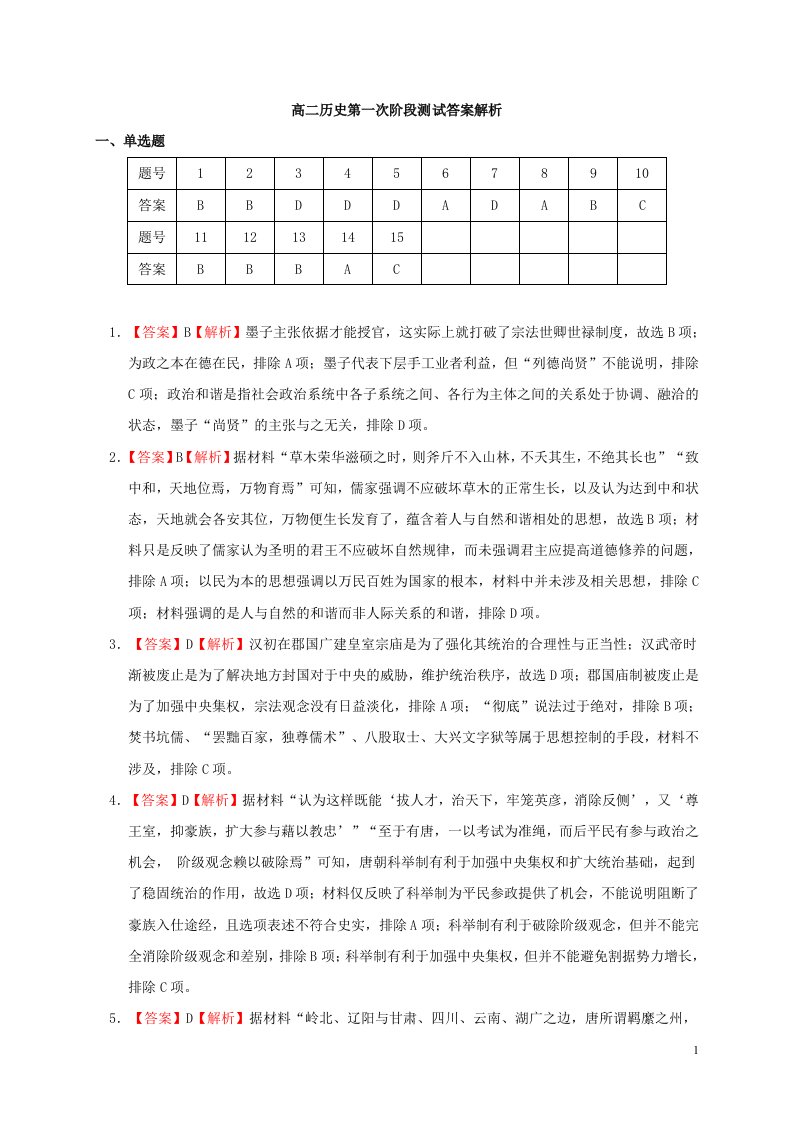 江苏省启东中学2020-2021学年高二历史下学期第一次阶段测试试题答案