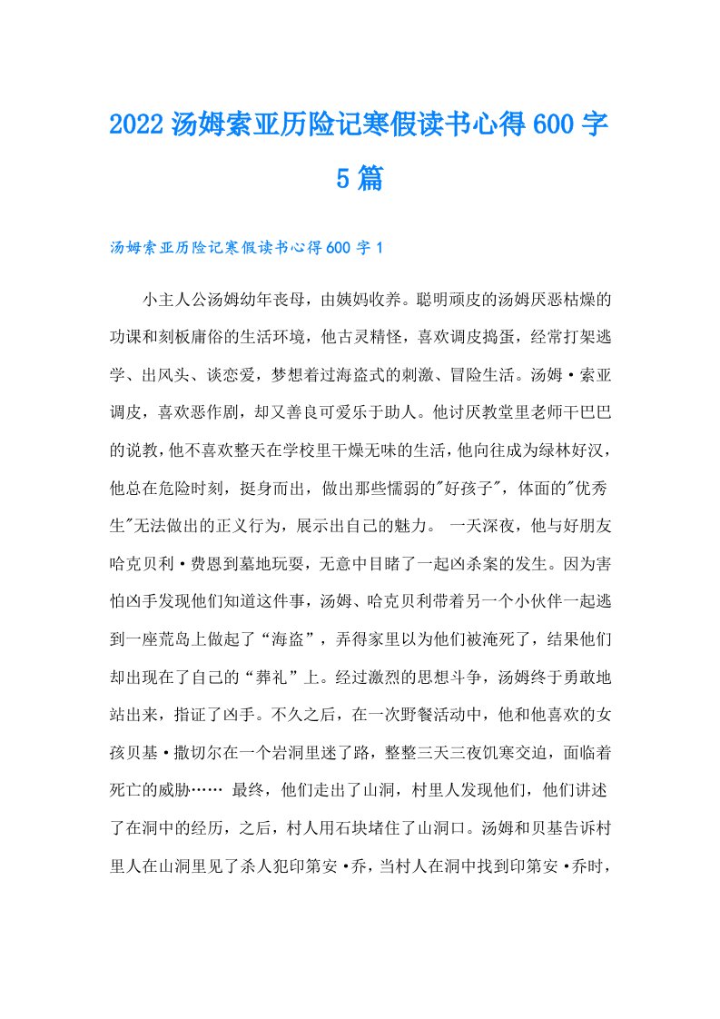 汤姆索亚历险记寒假读书心得600字5篇