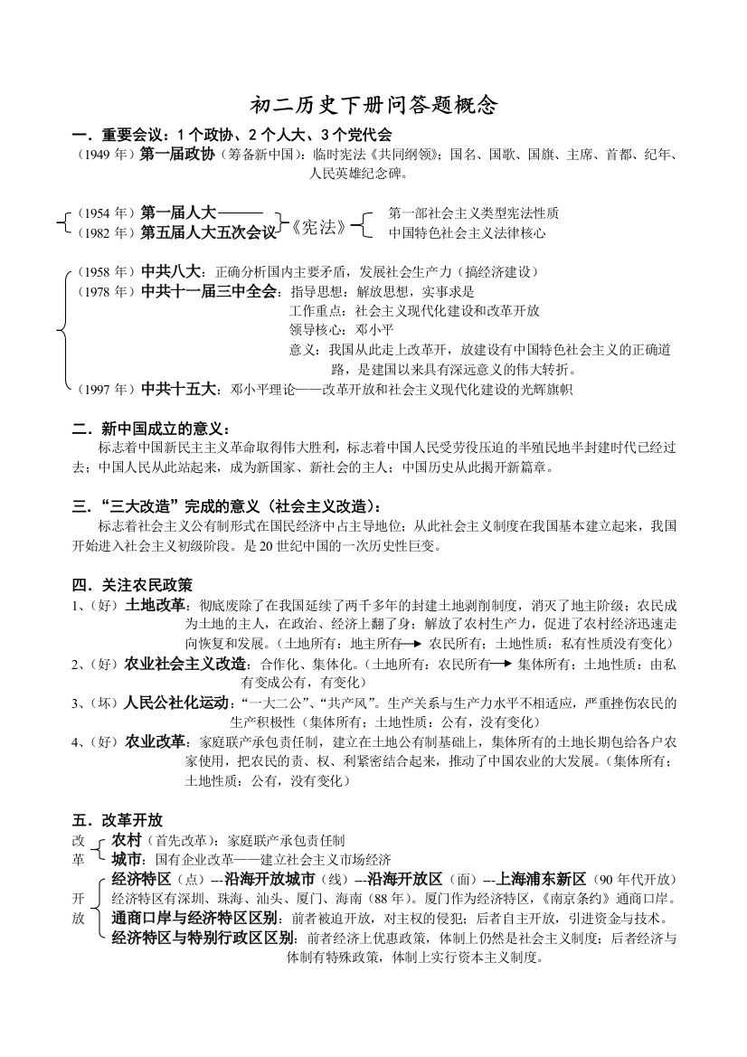 北师大版历史八年级下册问答题概念背诵