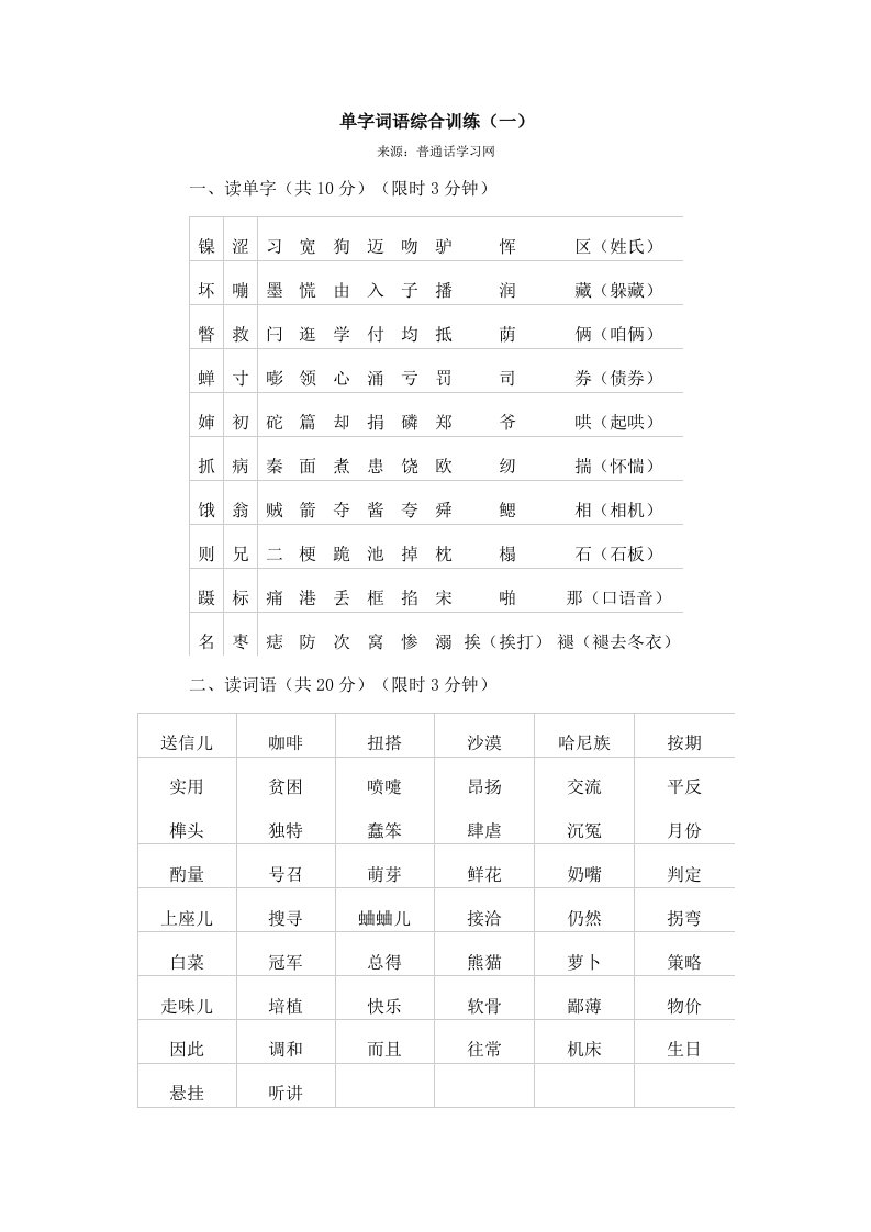 普通话水平测试等级考试用练习材料——普通话字词资料