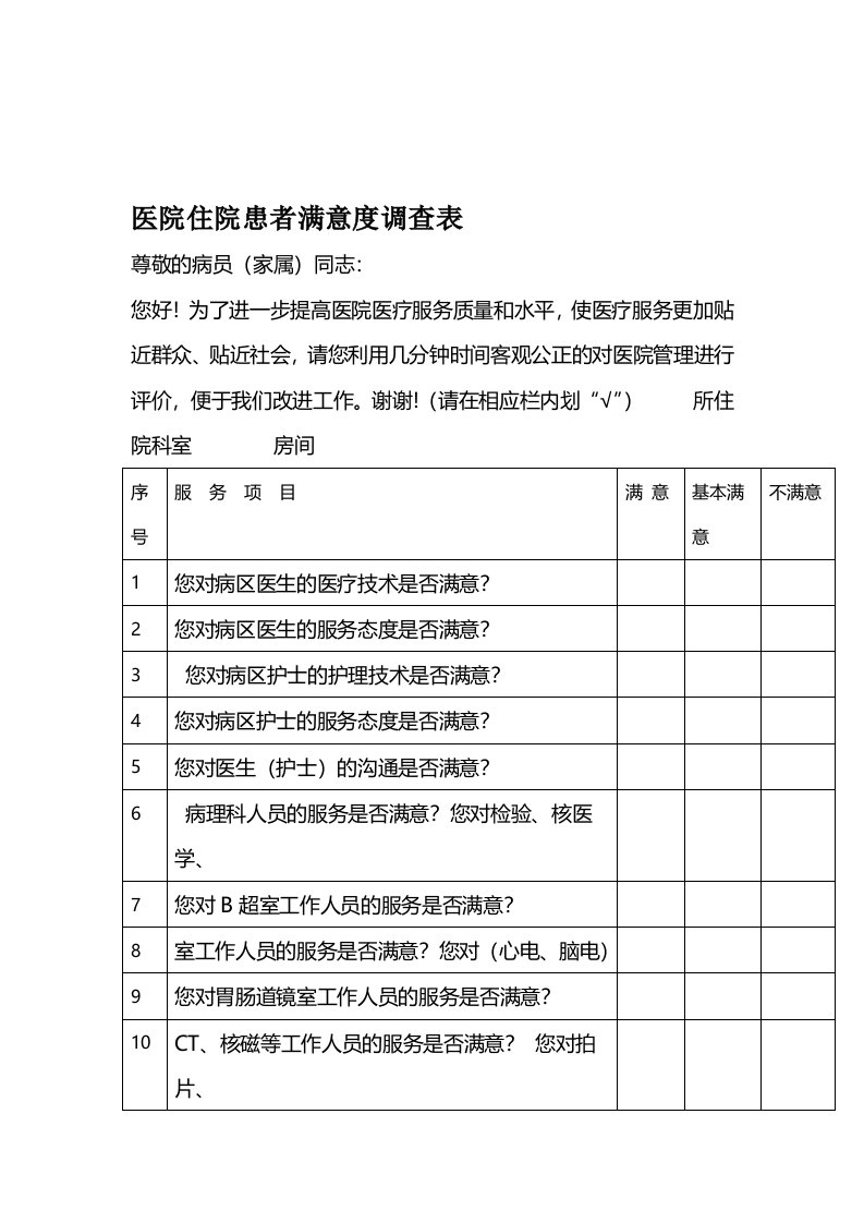 医院各类满意度调查表样表