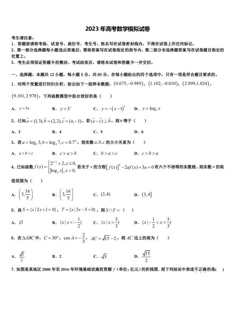 上海市进才实验中学2022-2023学年高三压轴卷数学试卷含解析