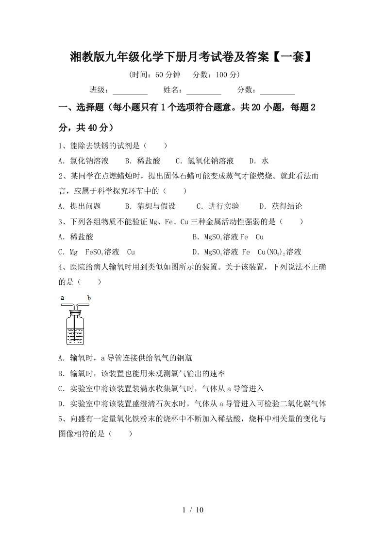 湘教版九年级化学下册月考试卷及答案一套