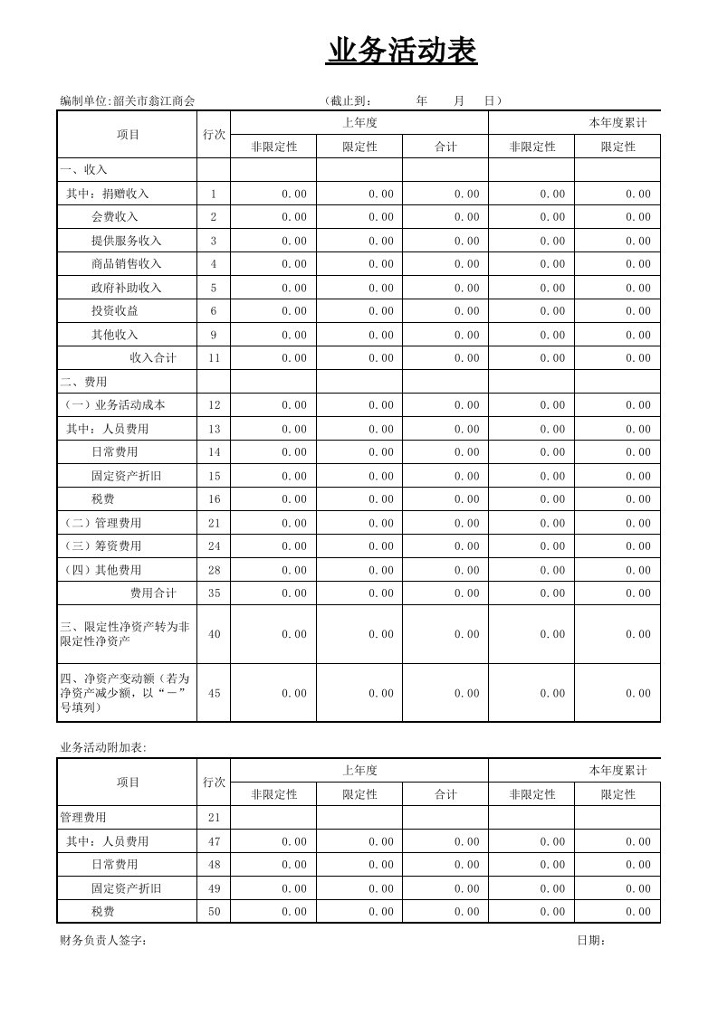 最新民间非营利组织会计报表《业务活动表》模版