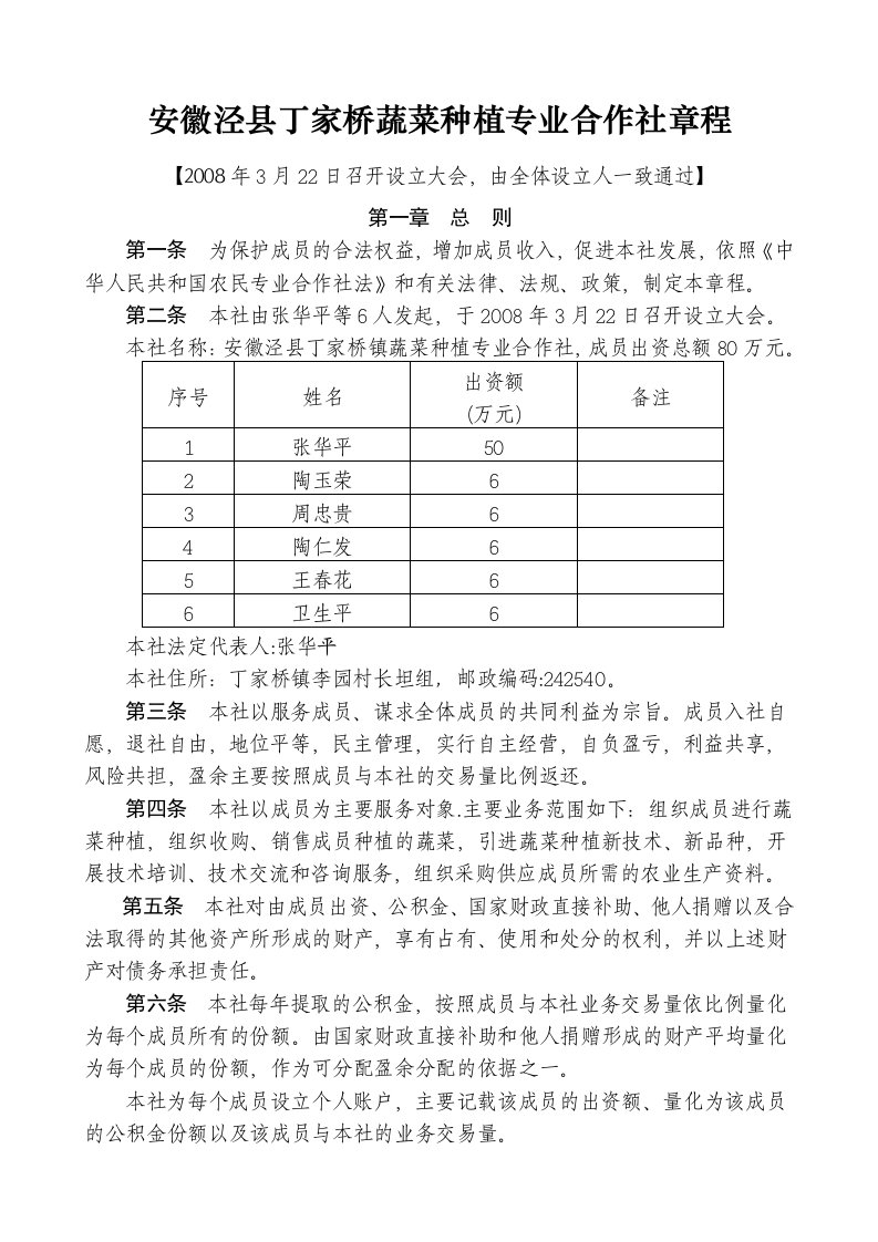 安徽泾县丁家桥蔬菜种植专业合作社章程