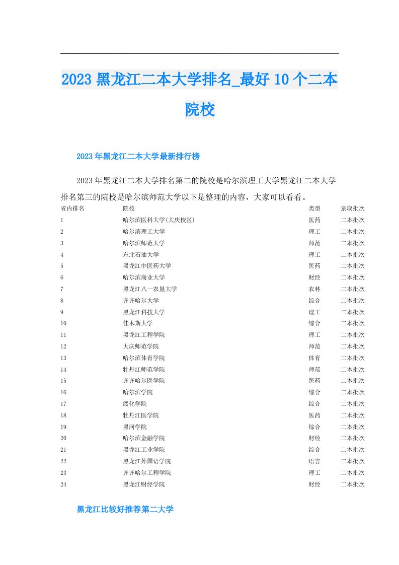 黑龙江二本大学排名_最好10个二本院校