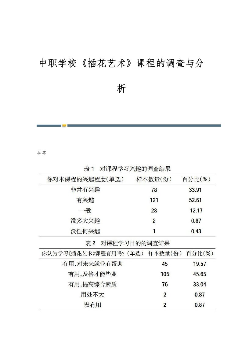 中职学校《插花艺术》课程的调查与分析