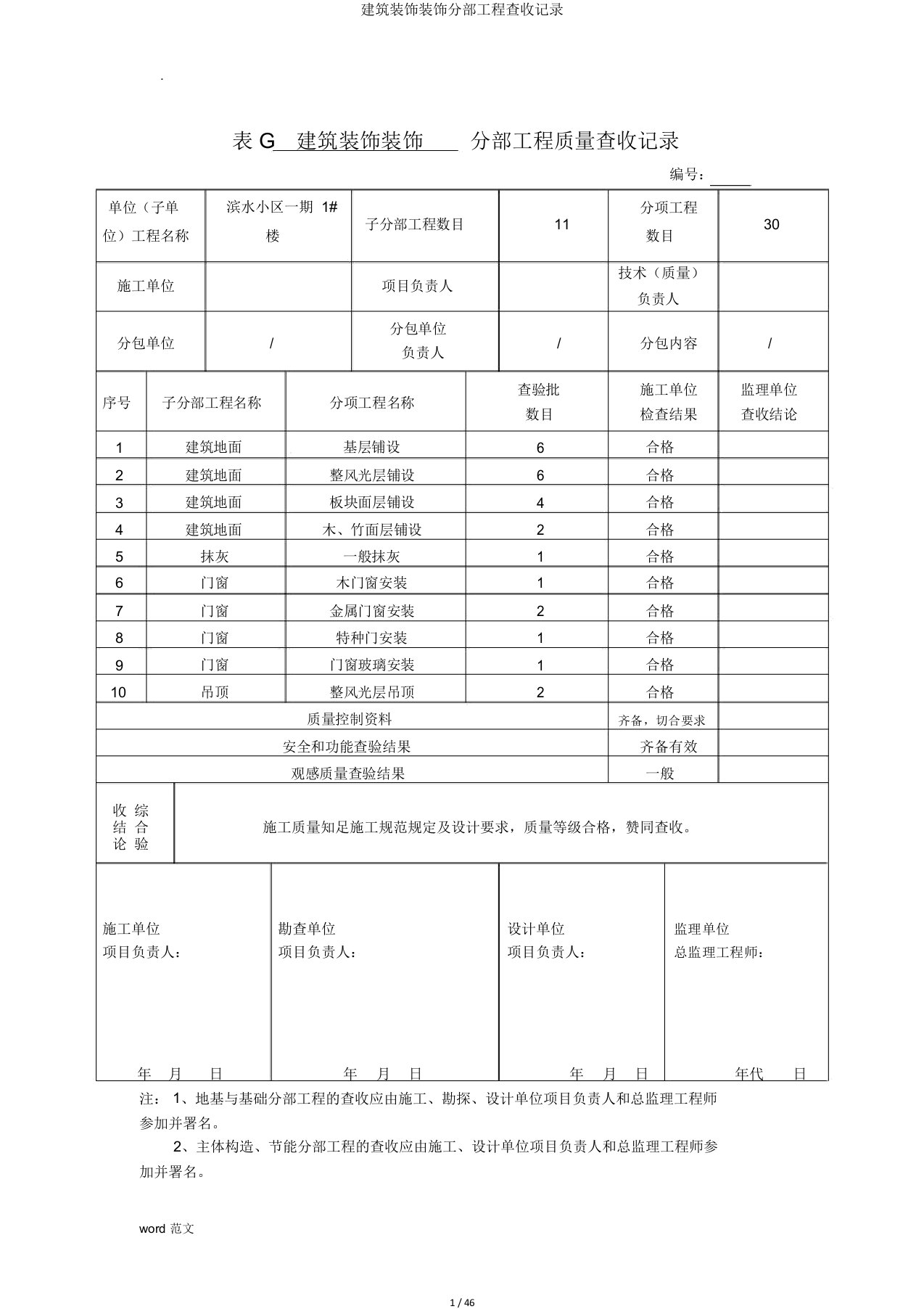 建筑装修装饰分部工程验收记录