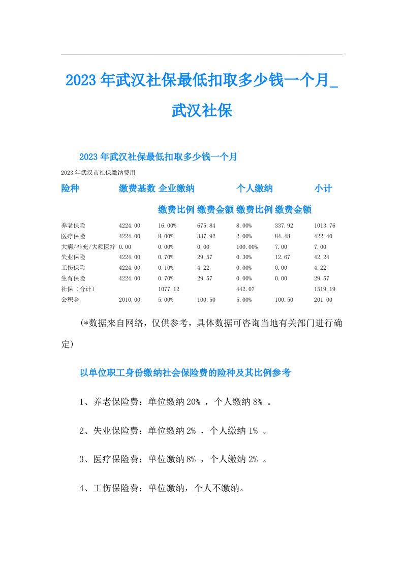 武汉社保最低扣取多少钱一个月武汉社保