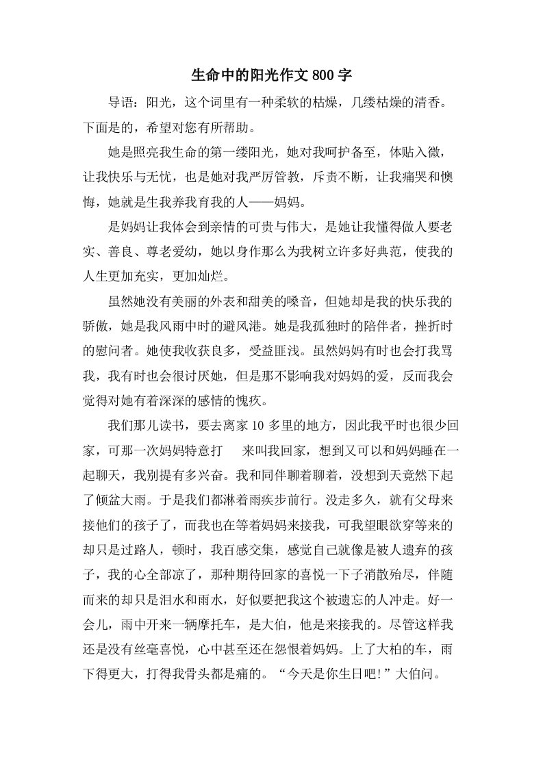 生命中的阳光作文800字