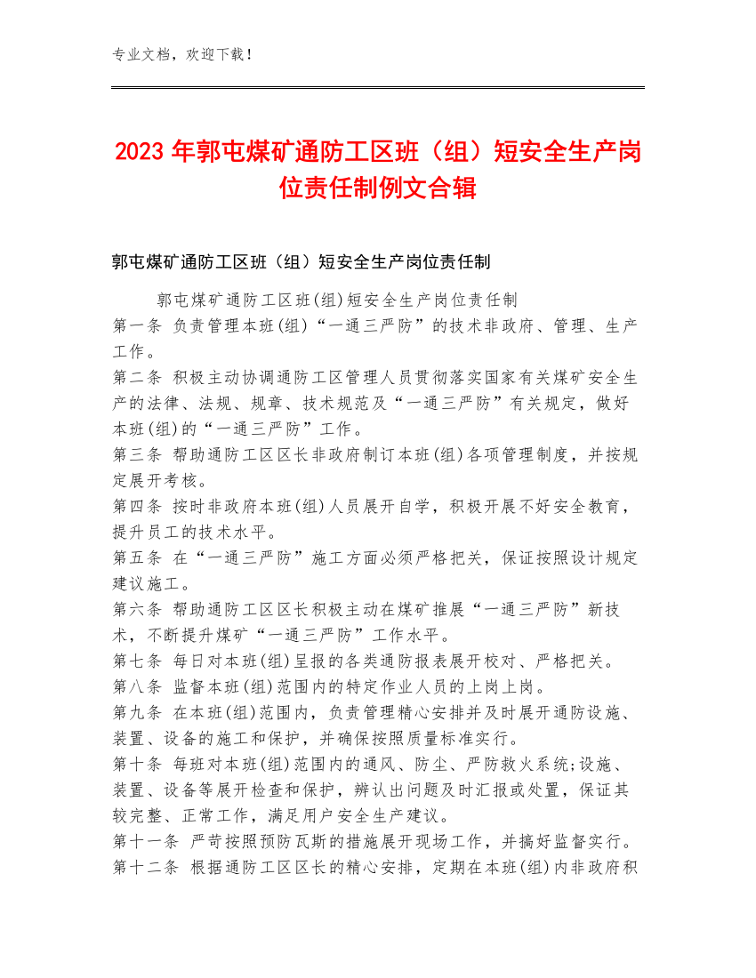 2023年郭屯煤矿通防工区班（组）短安全生产岗位责任制例文合辑