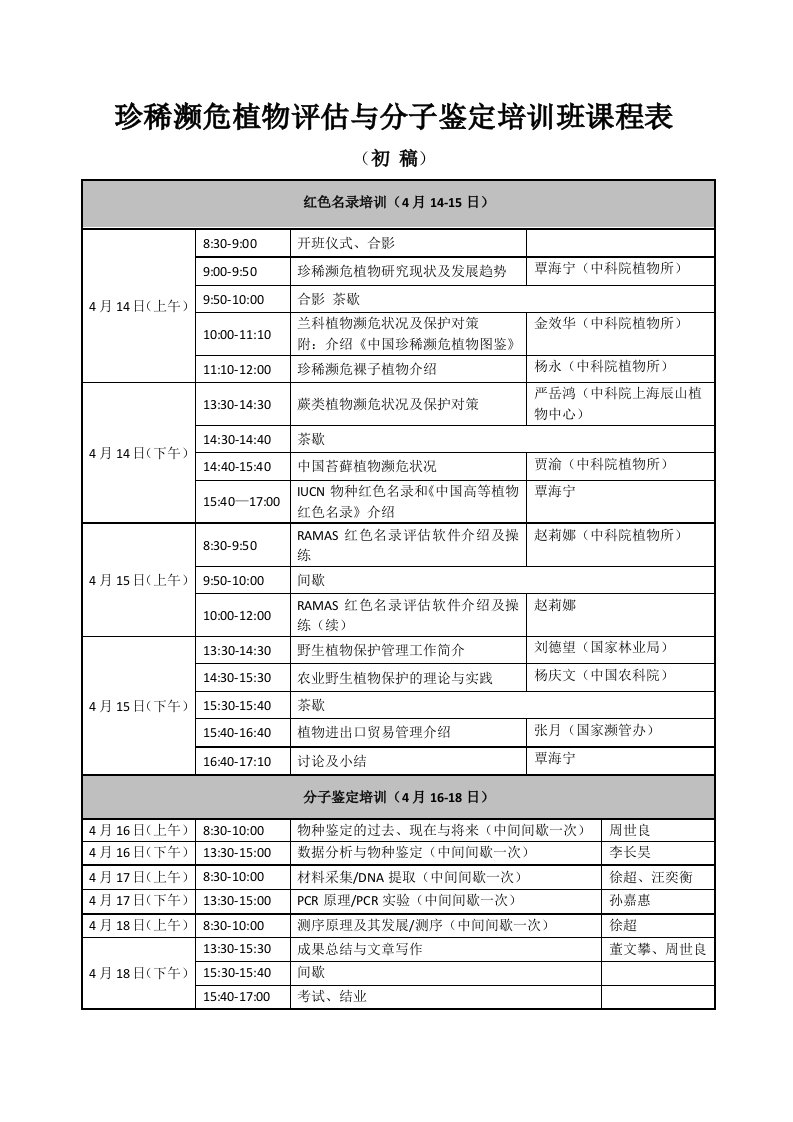 珍稀濒危植物评估与分子鉴定培训班课程表