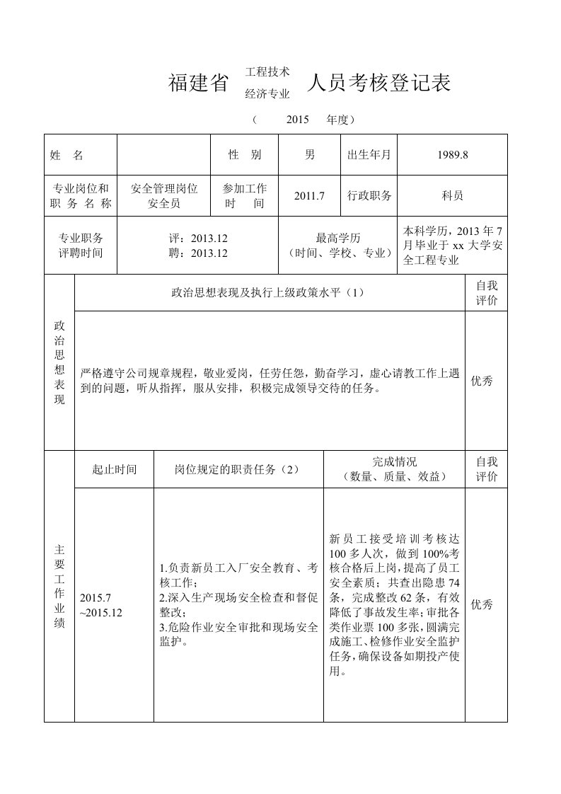 福建省工程技术经济专业人员考核登记表2015年度