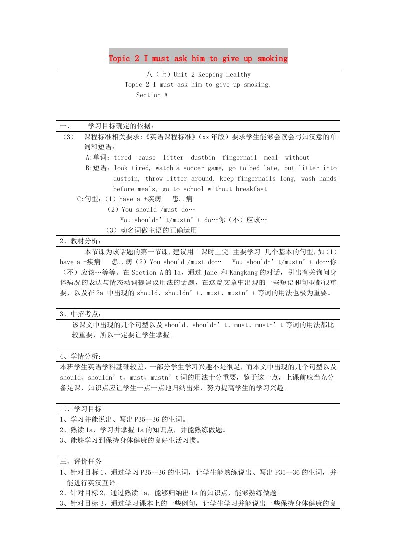 八年级英语上册Unit2KeepingHealthyTopic2ImustaskhimtogiveupsmokingSectionA新授课教案新版仁爱版