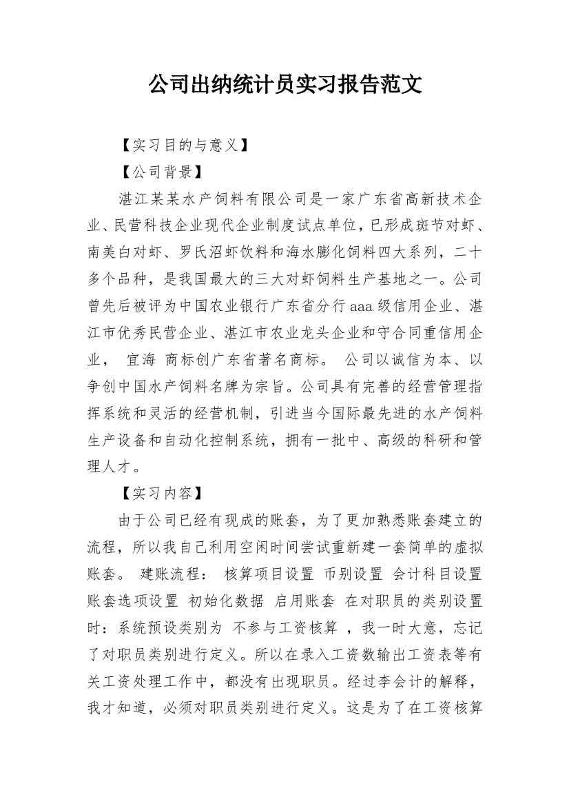 公司出纳统计员实习报告范文