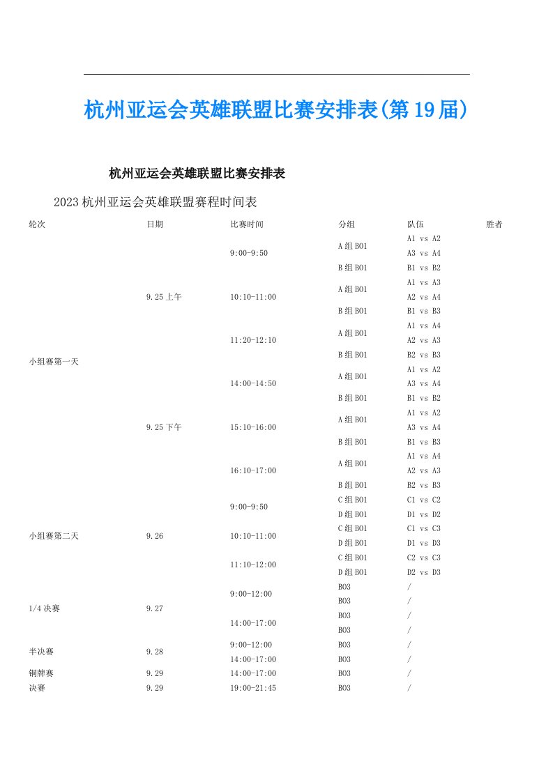 杭州亚运会英雄联盟比赛安排表(第19届)