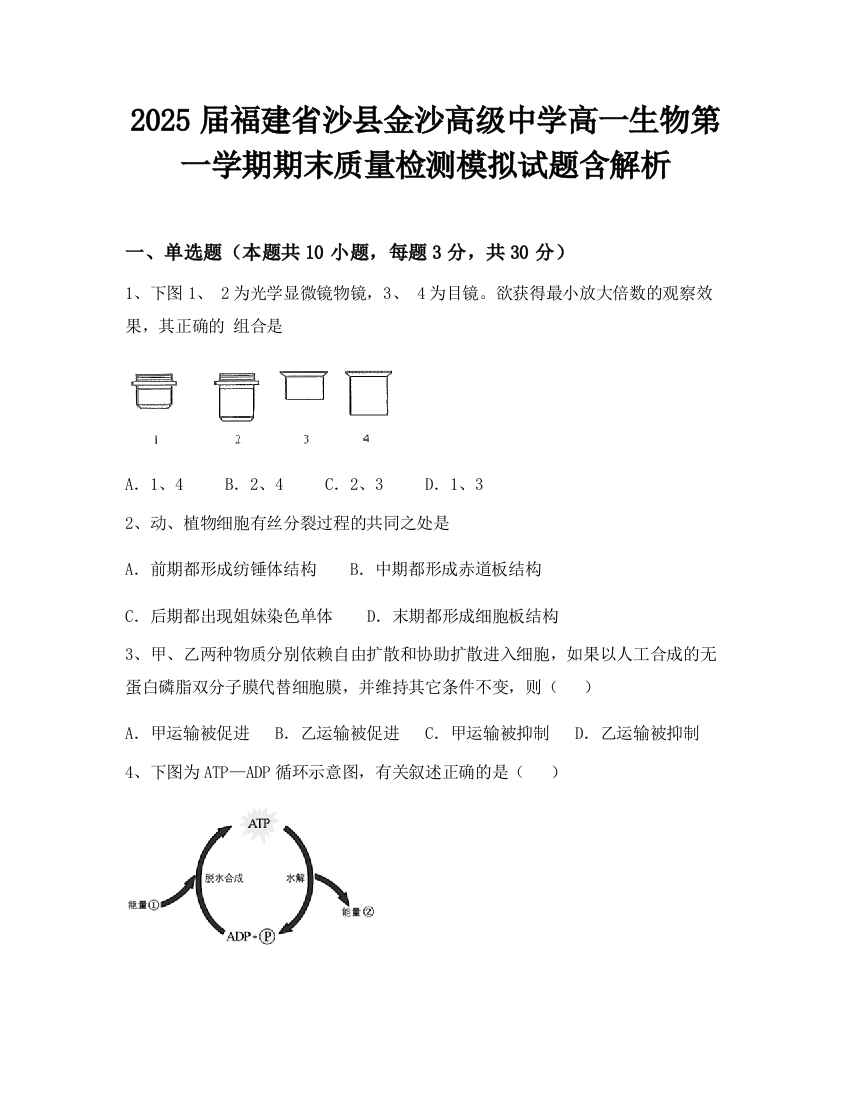 2025届福建省沙县金沙高级中学高一生物第一学期期末质量检测模拟试题含解析