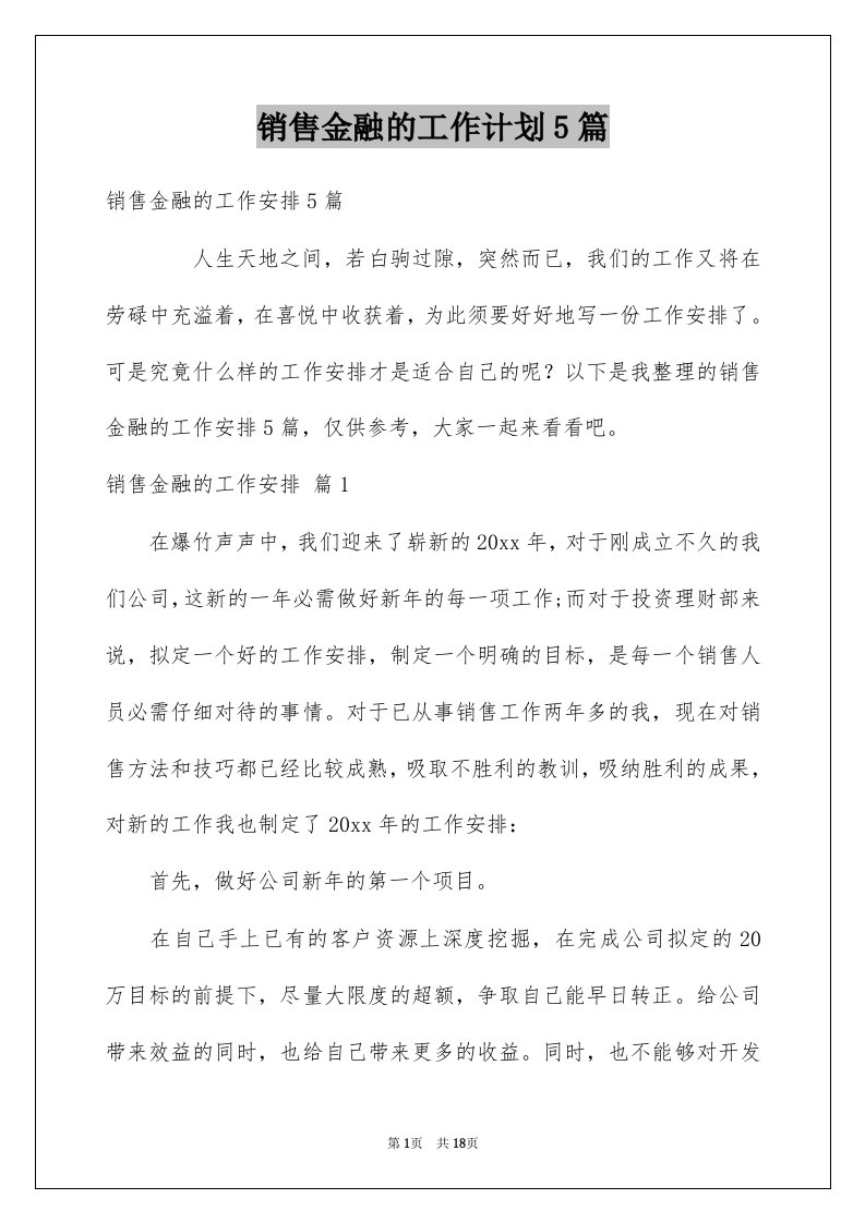 销售金融的工作计划5篇