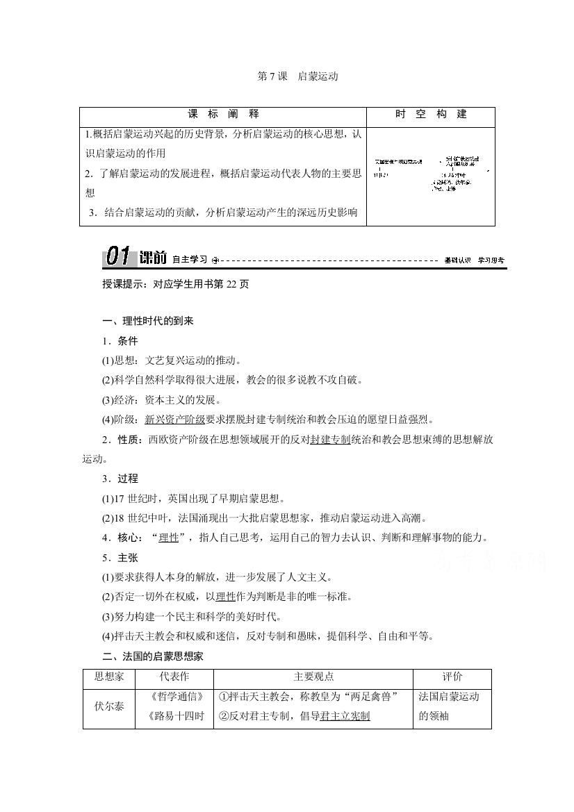 2020-2021学年人教版历史必修3学案：第7课　启蒙运动