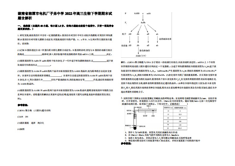 湖南省湘潭市电机厂子弟中学2022年高三生物下学期期末试题含解析