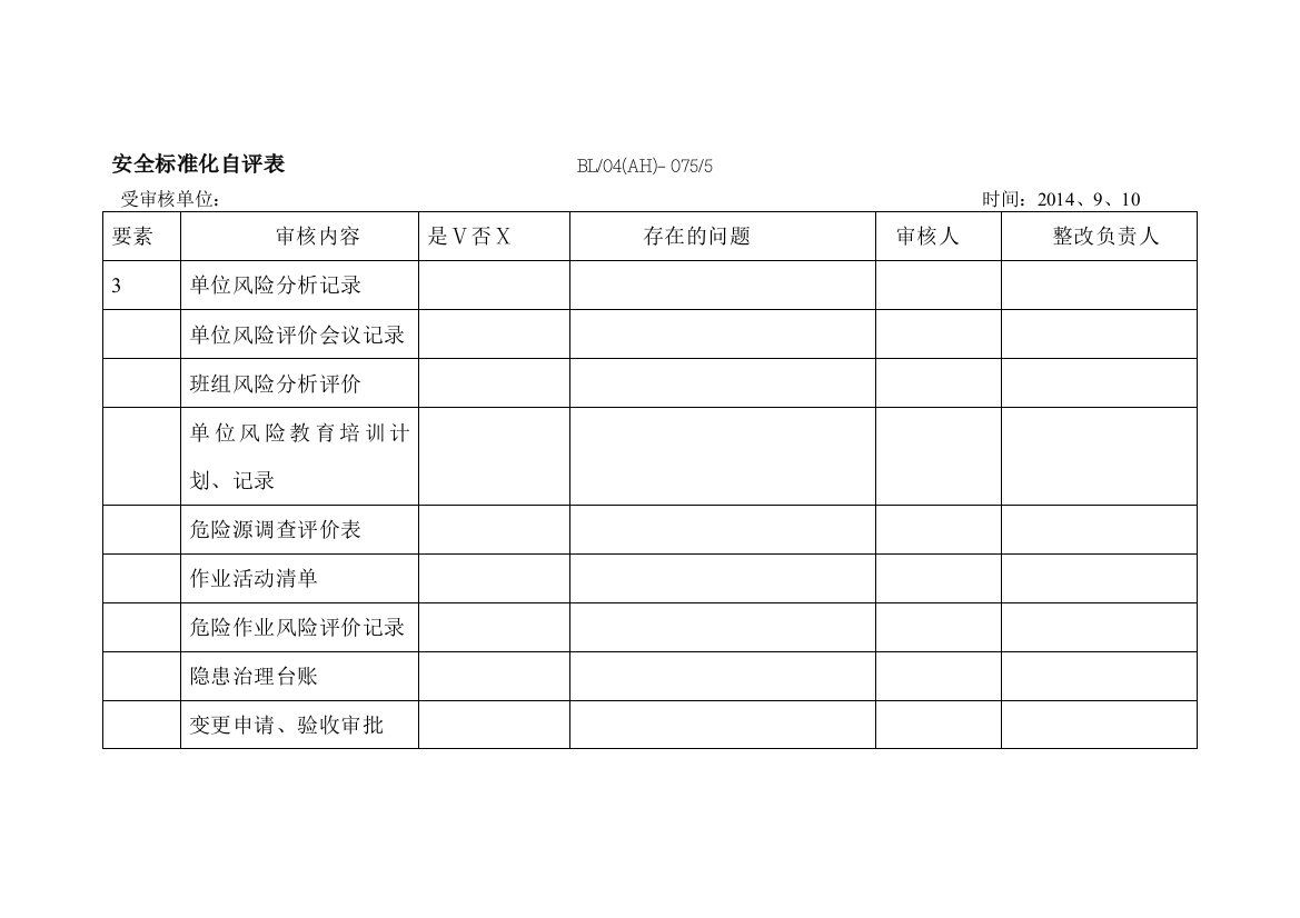 安全标准化自评表(生产部)