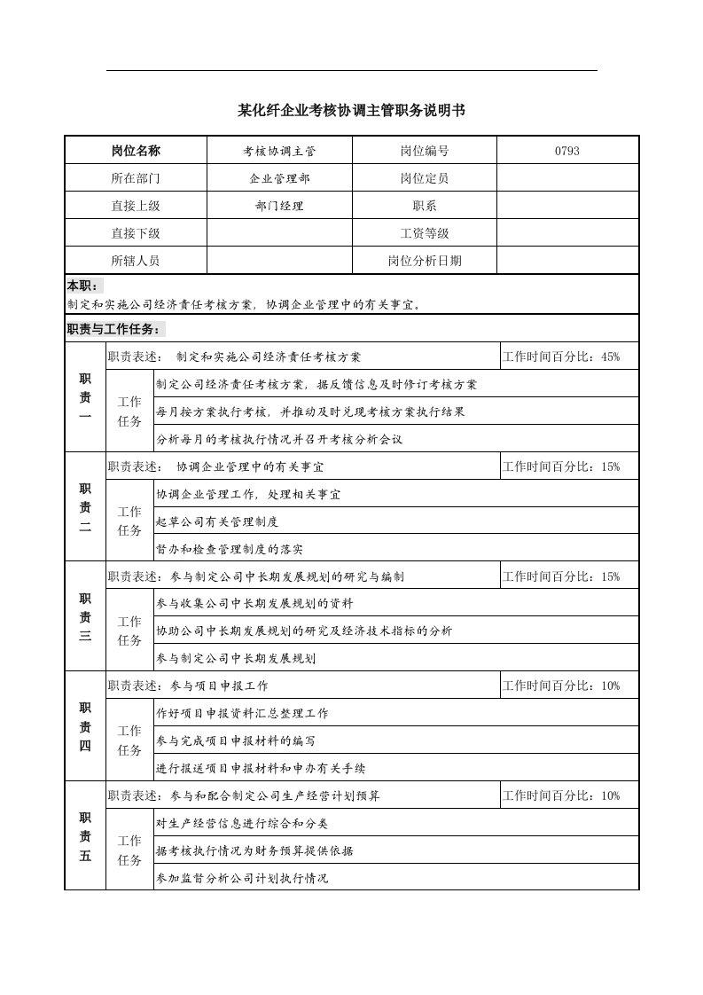 某化纤企业考核协调主管职务说明书