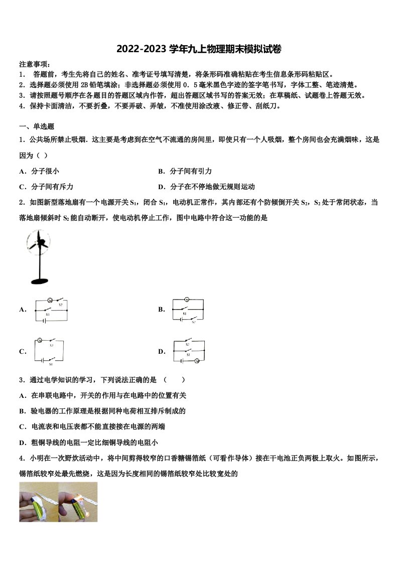 2022-2023学年徽省临泉物理九年级第一学期期末达标检测模拟试题含解析