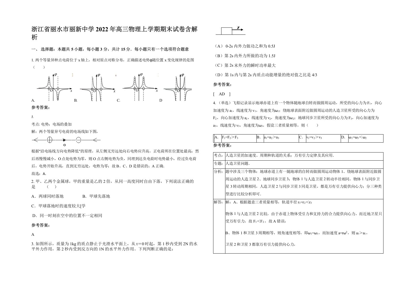 浙江省丽水市丽新中学2022年高三物理上学期期末试卷含解析