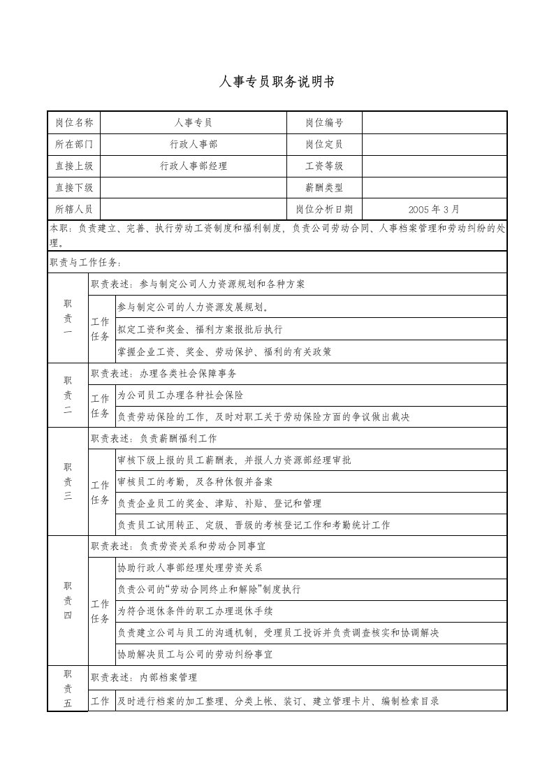 人事专员职务说明书