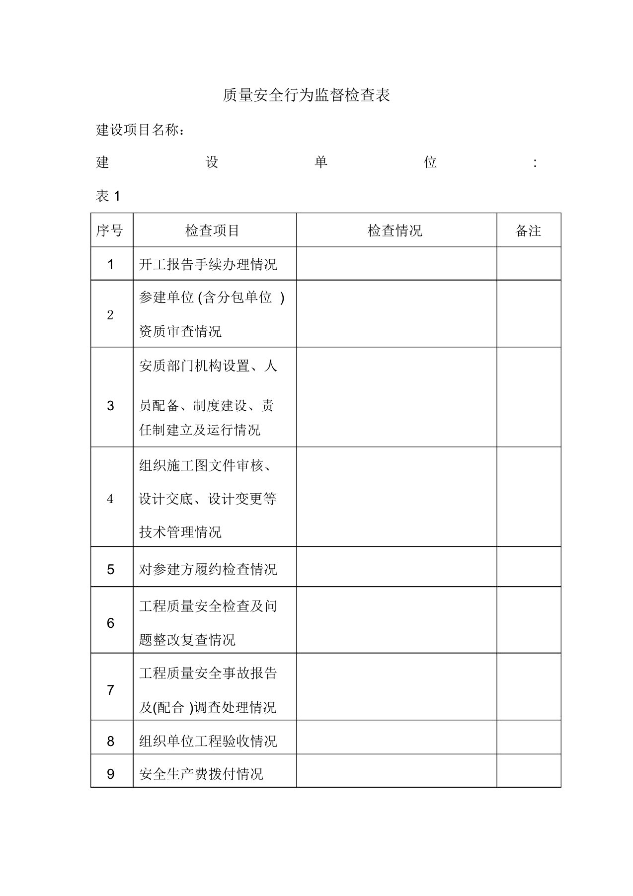 北京监督站质量安全行为监督检查表