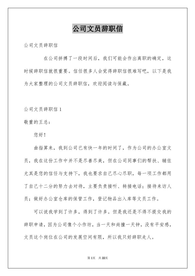 公司文员辞职信精品