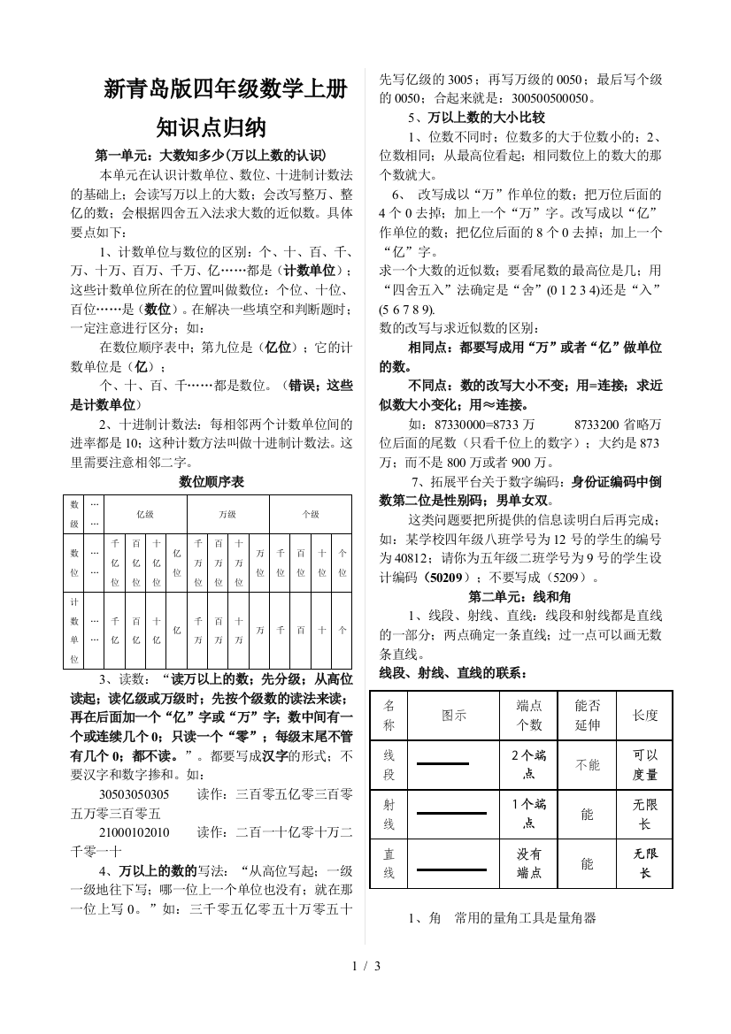 新青岛版四年级数学上册知识点归纳