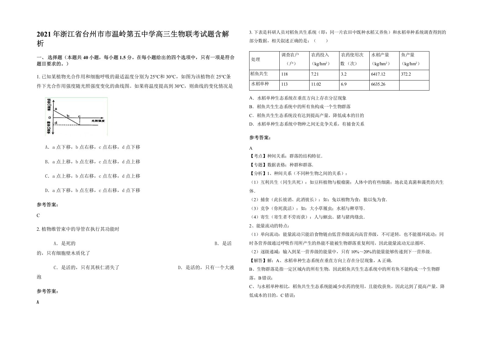 2021年浙江省台州市市温岭第五中学高三生物联考试题含解析