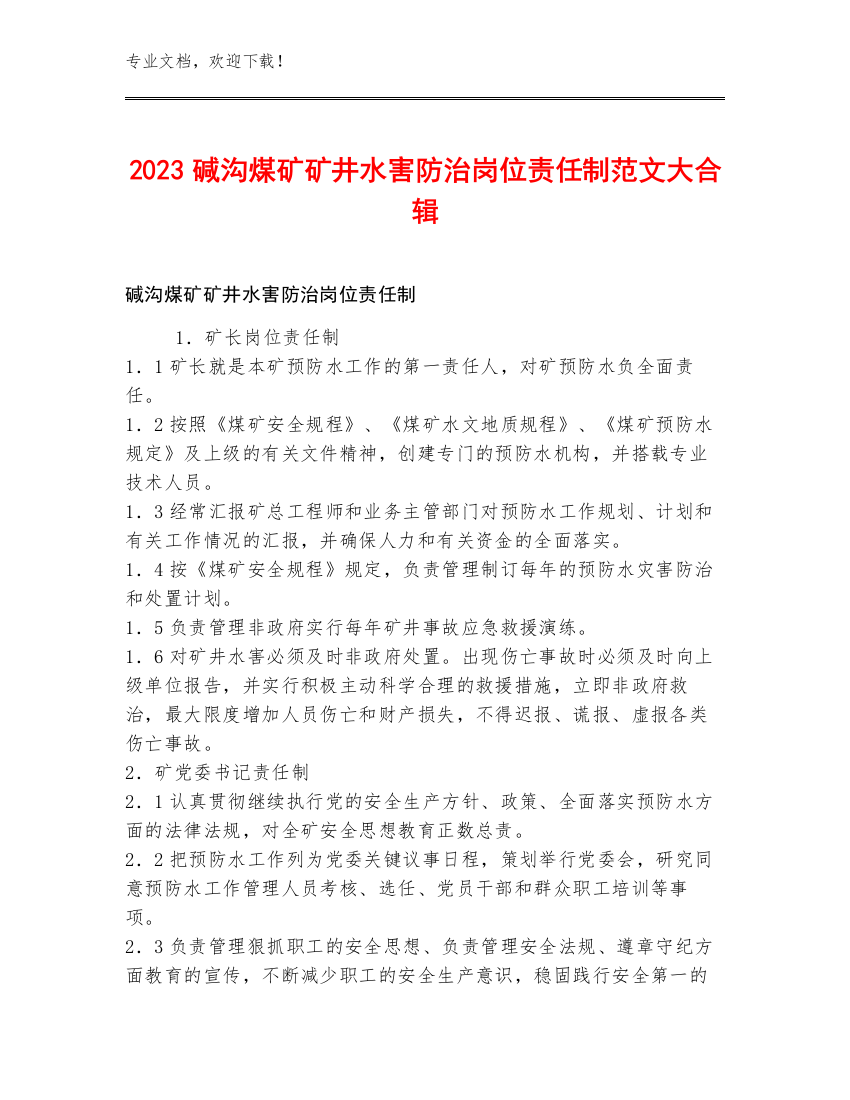 2023碱沟煤矿矿井水害防治岗位责任制范文大合辑