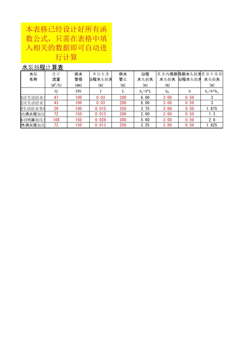 水泵扬程自动计算表